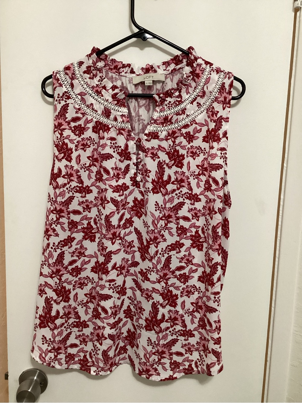 LOFT White Sleeveless Floral Camisole with Red Print